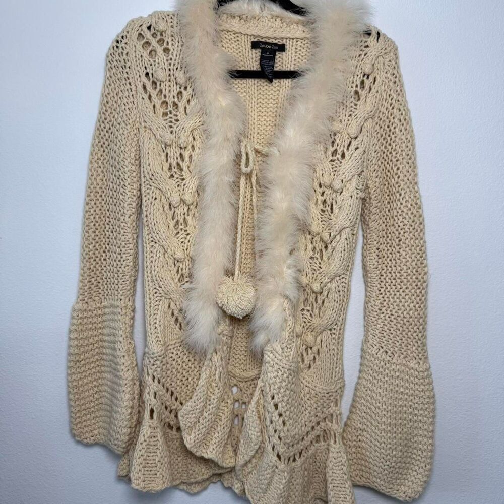 Double Zero Vintage Crochet Knit Faux Fur Cardigan